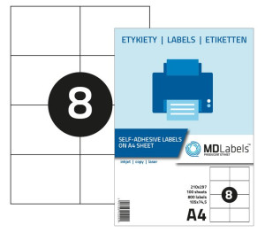 Etykiety naklejki samoprzylepne 105x74,5 - 8 SZT NA A4 - 100 ark