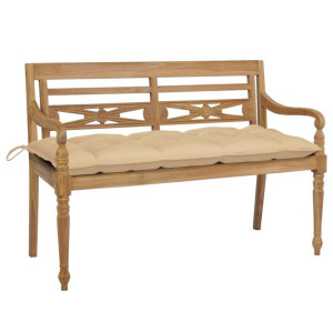 Ławka Batavia z beżową poduszką, 120 cm, lite drewno tekowe
