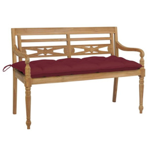 Ławka Batavia z bordową poduszką, 120 cm, lite drewno tekowe