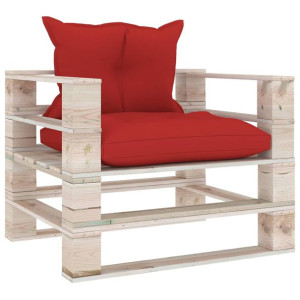 Sofa ogrodowa z palet, czerwone poduszki, drewno sosnowe