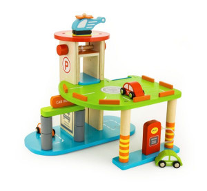 Drewniany 2 Poziomowy Garaż Parking 3 Auta Helikopter Winda Viga Toys