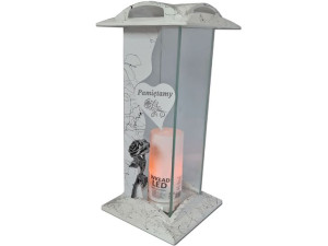 Znicz lampion RAK PAMIĘTAMY RÓŻA BIAŁY MARMUR+ŚWIECA LED