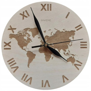 ZEGAR ŚCIENNY MAPA ŚWIATA na ścianę 21cm DREWNIANY
