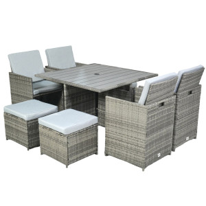 Hera Deluxe Rattan 8 Seater Dining Cube Garden Furniture Patio Set w/ Parasol Hole - Grey