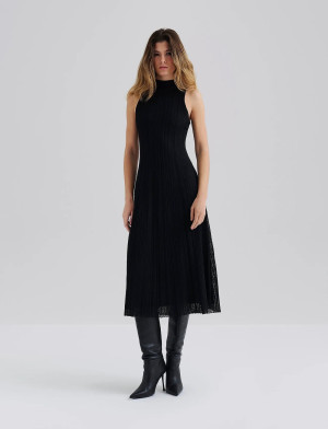 Malina Nessa Halterneck Pointelle Knitted Midi Dress - Black - XS Black XS