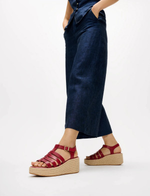 FitFlop Platfforms Espadr. Leather Fisherman Wedge Sandals - Burgundy - 39