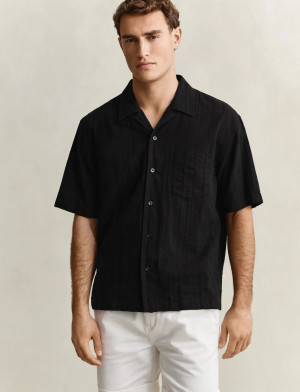 Gant Rel Dobby Stripe Camp Collar Shirt - Black - M