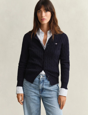 Gant Stretch Cable Knit Cardigan - Navy - XL