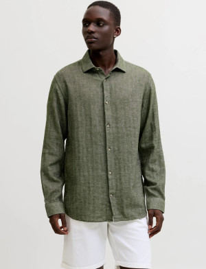 Jack & Jones Jprblaparker Linen Blend L/S Shirt - Khaki green - L Khaki green L
