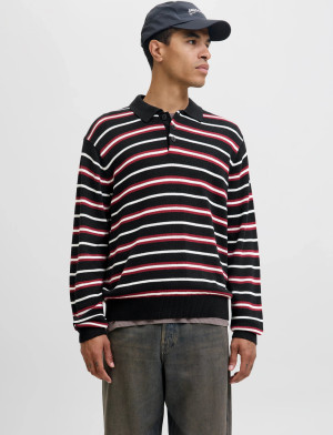 Jack & Jones Jorargos Knit Stripe Polo Styd Aw25 - Black - S