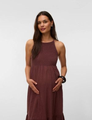 Mamalicious Mlnebula S/L Smock Wo Midi Dress - Brown - XL