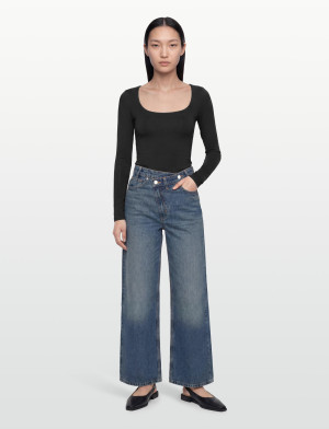 Mango Wide Leg Mid-Rise Jeans With A Crossover Waistband - Blue - 42