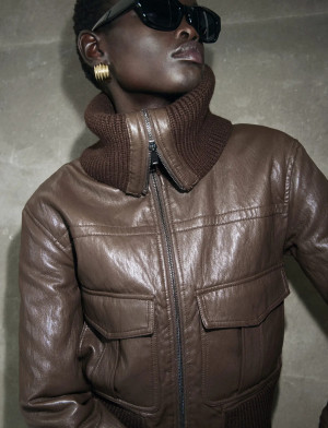Mango Faux-Leather Jacket With A Roll-Neck Collar - Brown - XL Brown XL