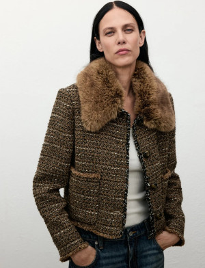 Mango Tweed Jacket With Fur Collar - Brown - XS