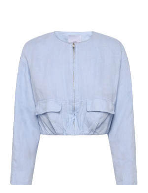 Mango Cropped Linen Jacket With Pockets - Blue - L