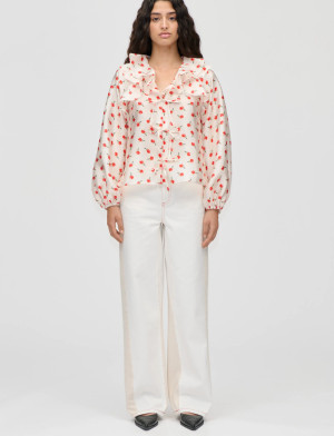 STINE GOYA Flat Textured Poly, Multi Ruffle Raglan Top - White - M