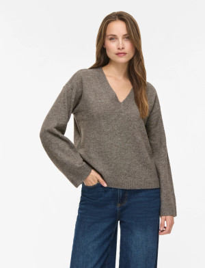 Vila Viliga L/S Rev V-Neck Knit Top - Noos - Brown - L