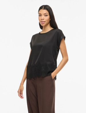 Vila Viellette S/S Full Satin Lace Top - Noos - Black - 36