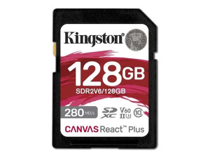 Kingston Technology 128 Gt Canvas React Plus SDXC UHS-II 280R/100W U3 V60, täysteräväpiirto/4K, 128 GB, SDXC, Luokka 10, UHS-II, 280 MB/s, 100 MB/s