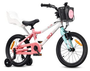 Sun Baby Lastenpyörä 16 tuumaa LOOFI, Lastenpyörä - Tyttö 4–6 vuotta, max. 50 kg - kevyt alumiinirunko, lastenistuin, apupyörät, kori, kellon, tarrat