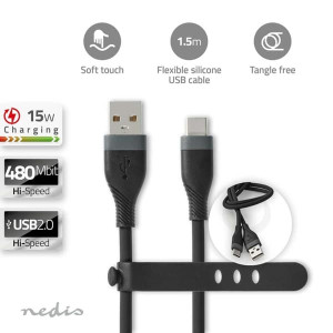 Nedis USB kaapeli   USB 2.0   USB-A Uros   USB-Câ„¢ Uros   15 W   480 Mbps   Niklattu   1.50 m   PyÃ¶reÃ¤   Silikoni   Musta   Laatikko