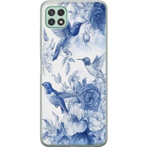Yhteensopiva Puhelinkuori Samsung Galaxy A22 5G Yksityiskohtainen kuvio sinisillä linnuilla ja kukilla elegantissa vintage tunnelmassa