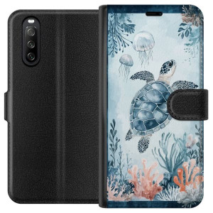 Yhteensopiva Lompakkokotelo Sony Xperia 10 III Vesivärillinen merikilpikonna rauhallisessa sinisessä meressä korallien ja leijuavien meduusojen keske
