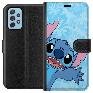 Yhteensopiva Lompakkokotelo Samsung Galaxy A52 5G Stitch venyttäytyy eteenpäin värikkäässä kuvituksessa kukkaisella taustalla