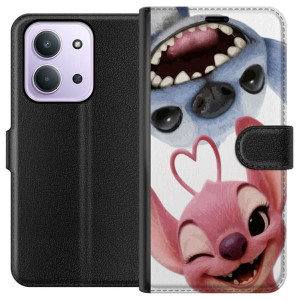 Yhteensopiva Lompakkokotelo Xiaomi Redmi 15C Leikkisä Stitch ja Angel lähikuvassa suurilla nauruilla ja sydämenmuotoisilla yksityiskohdilla, jotka lu