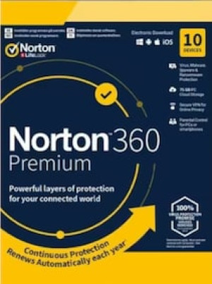 Norton 360 Premium + 75 GB Cloud Storage (10 Devices, 1 Year) - NortonLifeLock Key - GLOBAL