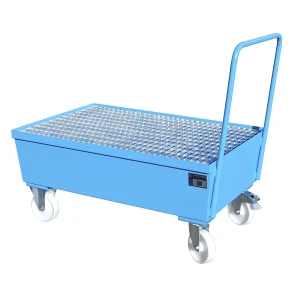 eurokraft pro Fahrbare Stahl-Auffangwanne mit Randprofilierung, für 200-l-Fässer, 2 x stehend, LxBxH 1280 x 800 x 1110 mm, blau RAL 5012
