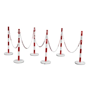 VISO Absperrpfostenset mit Kette, 6 Pfosten, 15 m Kette, rot / weiß