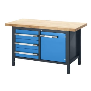 eurokraft pro Höhenverstellbare Werkbank, Gestellbauweise, 3 Schubladen, 1 Flügeltür, Breite 1500 mm, anthrazit / blau