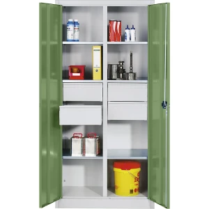C+P Materialschrank aus Stahlblech, 6 Fachböden, 4 Schubladen, HxBxT 1950 x 930 x 500 mm, Türe resedagrün, Korpus lichtgrau