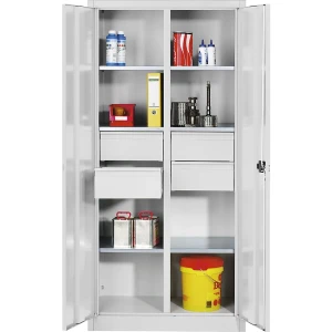 C+P Materialschrank aus Stahlblech, 6 Fachböden, 4 Schubladen, HxBxT 1950 x 930 x 500 mm, lichtgrau