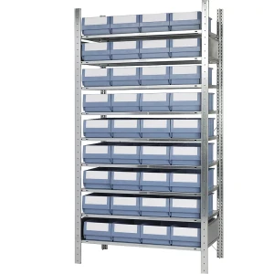 eurokraft pro Steckregal mit Regalkästen, Höhe 2000 mm, 36 Kästen, 9 Fachböden, Tiefe 636 mm, Grundregal