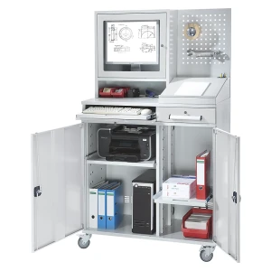 eurokraft pro Estação de trabalho para computadores, chapa de aço , AxL 1770 x 1100 mm, com caixa para monitor, painel perfurado, encaixe para
