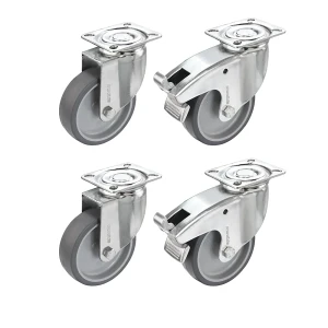 Proroll Set aus thermoplastischen Gummireifen, mit Montageplatte, 2 Lenkrollen und 2 Lenkrollen mit Doppelstopp, Rad-Ø x Breite 125 x 32 mm
