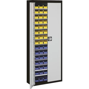mauser Magazinschrank mit Sichtlagerkästen, HxBxT 1740 x 680 x 280 mm, zweifarbig, Korpus schwarz, Türen grau, 90 Kästen