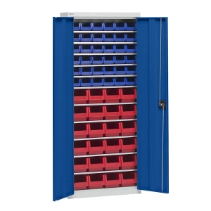eurokraft pro Materialschrank mit Lagerkästen, Höhe 1575 mm, 11 Fachböden, lichtgrau / enzianblau