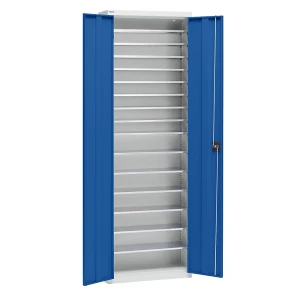 eurokraft pro Materialschrank aus Stahlblech, Höhe 2000 mm, lichtgrau RAL 7035 / enzianblau RAL 5010, 15 Böden