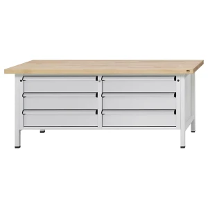 ANKE Werkbank mit XL/XXL-Schubladen, Gestellbauweise, Breite 2000 mm, 6 Schubladen 180 mm, Buchemassivplatte, Front lichtgrau