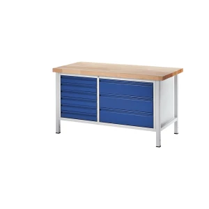RAU Werkbank, Gestellbauweise, 6 Schubladen Größe L, 3 Schubladen Größe XL, Tiefe 700 mm, Breite 1500 mm