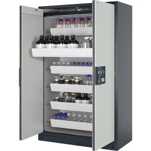 asecos Feuerbeständiger Gefahrstoffschrank Typ 90, halbautomatisch, mit 6 Schubladen, Türfarbe Grau