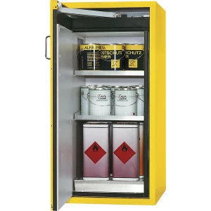 asecos Feuerbeständiger Gefahrstoffschrank Typ 90, 1-türig, Außen-HxBxT 1298 x 600 x 615 mm, gelb, Edelstahl