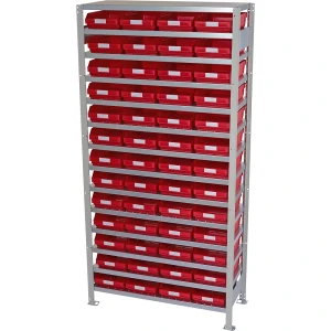 STEMO Steckregal mit Regalkästen, Regalhöhe 2100 mm, Grundregal, Tiefe 500 mm, 52 Kästen rot
