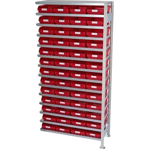 STEMO Steckregal mit Regalkästen, Regalhöhe 2100 mm, Anbauregal, Tiefe 500 mm, 52 Kästen rot