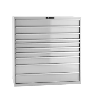 LISTA Schubladenschrank, Stahlblech, HxB 1450 x 1431 mm, 10 Schubladen, Tragkraft 200 kg, lichtgrau