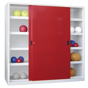 Pavoy Ball-Schiebetürenschrank, Höhe 1950 mm, mit Lochblech-Türen, Breite 2000 mm, grau / rot