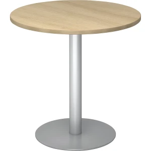 kaiserkraft Mesa de reunião, Ø 800 mm, 755 mm de altura, estrutura prateada, tampo de trabalho em imitação de carvalho, Mesa de reunião, Ø 800 mm, 755